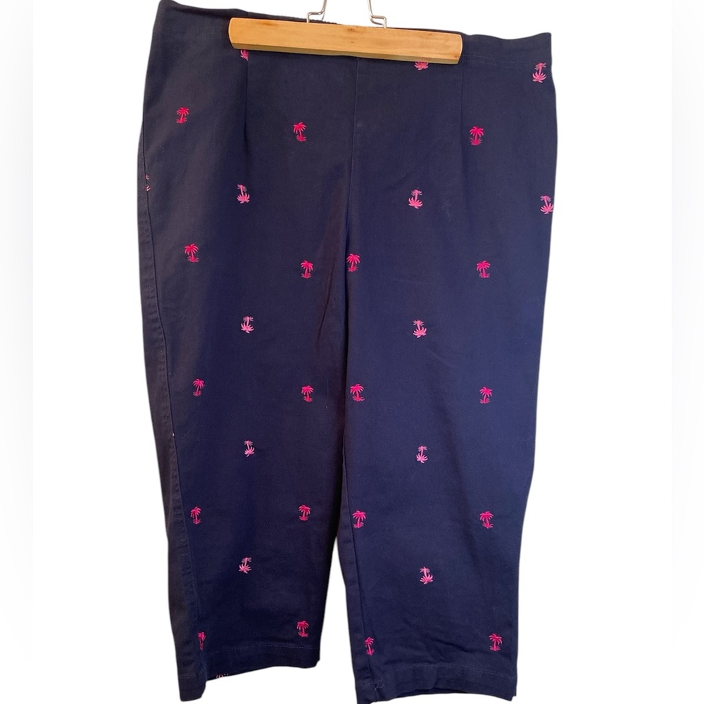 White Stag Capris Navy Pink embroidered Palm Tree Elastic Waist Cropped WM SZ 14